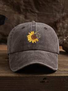 1pc Unisex Outdoor Casual Adjustable Sunflower Printed Baseball Cap - Coffee Brown - View 5