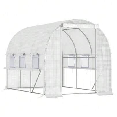 2.95x2x2m Plastic Film Tunnel Greenhouse With Roll-Up Windows, UV Protection And Windproof, White Steel Frame