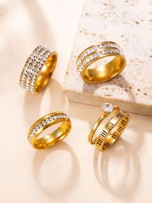 4pcs/Set Stainless Steel 18K Gold Plated Rhinestone Rings, Fashion Exquisite Versatile Double Row Full Zirconia Single Row Zirconia Roman Numeral Double Layer Single Diamond Women's Luxury Stackable Ring Set, Daily Commute Date Gift Jewelry Set - Gold - View 3