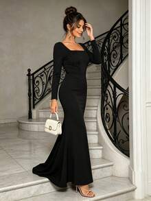 Joyfunear Gaun Formal Wanita Warna Polos Leher Persegi Model Duyung Pas Badan Warna Hitam Elegan - Hitam - View 6