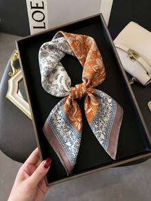 1pc Paisley Print Brown Square Scarf, Women's Large Handkerchief Bandana, As Waistband, Packaging Decor, Ribbon - White Coffee Color - View 4