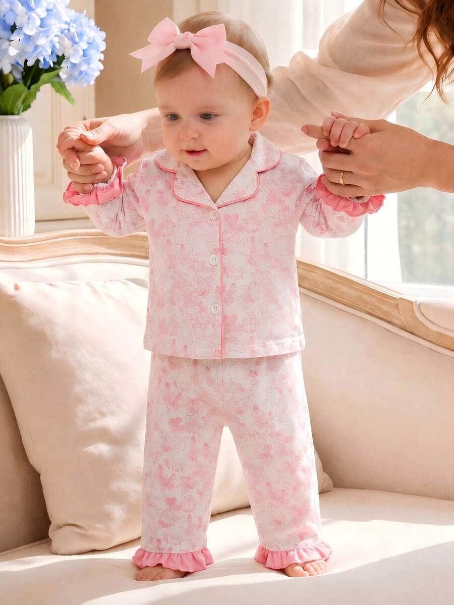2pcs/Set Baby Girl Pajamas Set, Comfortable Fabric, Pastoral Country Style, Pink Ditsy Floral Pattern, Elegant Lady Style, Spring/Autumn/Winter Wear, Japanese/Korean Style - Pink - View 1