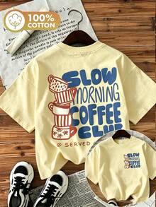 Women's Double-Sided Print Coffee Cup Tee, Hand-Painted Style "Slow Morning Coffee Club" Graphic, Round Neck Short Sleeve 100% Cotton Summer Top - 黃色 - 查看 8