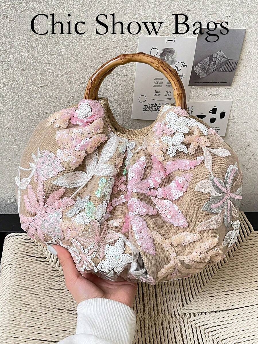 Women's Exquisite Floral Embroidery Sequin Cloud Bag, Vintage Chinese Style, Luxury Handbag, Elegant Evening Bag