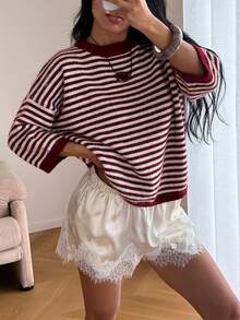 2026 New Autumn/Winter Women's Contrast Striped Loose Oversized 3/4 Sleeve Knit Sweater, Dropped Shoulder Round Neck Soft Fuzzy Striped Pullover Fall - Maroon - View 9