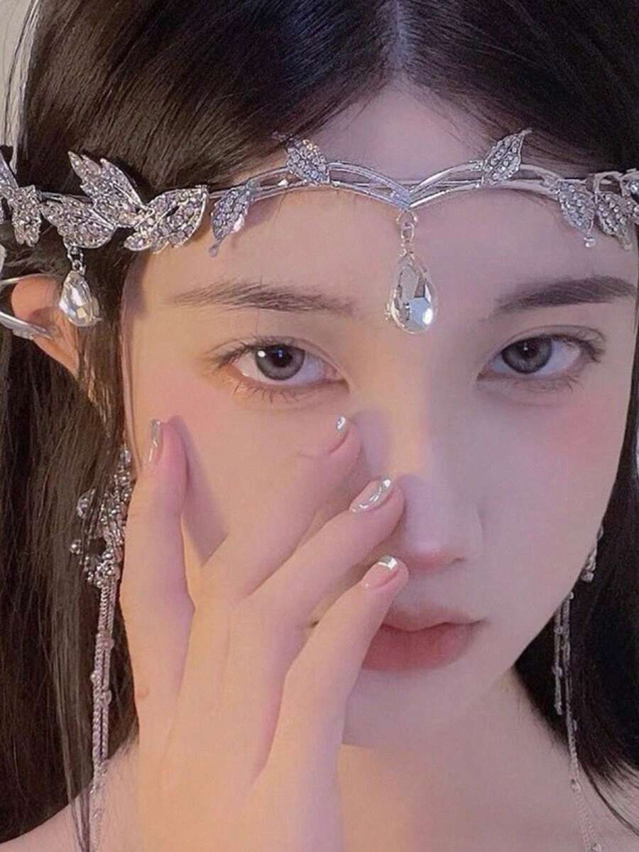 Bando Mahkota Daun Kristal Bertabur Berlian, Perhiasan Gaya Putri Peri Klasik, Cocok untuk Busana Pengantin di Hari Pernikahan - MultiWarna - View 1