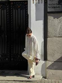 Women's Fashion Casual Sheer Polka Dot Shirt Collar Ruffle Sleeve Blouse - White - View 4