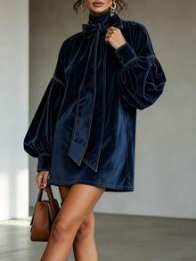 Vuslat Women's Autumn French Style Navy Blue Velvet Lantern Sleeve Large Bowknot Short Dress, Suitable For Evening Party, Commute, Office - Navy Blue - View 6