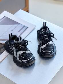 Black & Silver Tech-Style Kids' Shoes, Spring/Autumn Mesh Breathable Lightweight Thick Sole Baby Running Outdoor Versatile Chunky Sneakers - Black - View 4