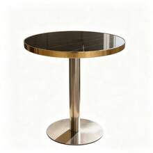 Modern Round Side Table With A Gold Stainless Steel Frame, Marble-Effect Top For Living Room, Luxury Side Table With A Sturdy Base. - 黑色+中密度纖維板 - 查看 3