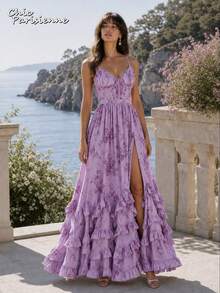 Purple Floral Chiffon V-Neck Backless Tiered A-Line Maxi Dress - 紫色 - 查看 6