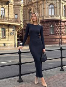 Women's Ribbed Knit Long Sleeve Slim Fit Pencil Dress, Autumn/Winter - Royal Blue - View 3
