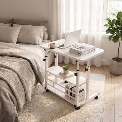 Super life 1-Piece 3-Tier Portable Rolling Laptop Table - Adjustable Height With Wheels Mobile Side Table For Bed, Sofa, Couch, Home Office - Lockable Casters