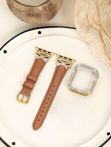 1pc Luxury Rose Gold Diamond Bow Watch Band + Double Row Rhinestone Hollow Watch Case Compatible With Apple Watch 38/40/41/42/44/45/46/49mm/Ultra/SE/11-1 Series, Suitable For Spring/Summer Wear, Back To School Gift, Fashion Women Accessory, Brown Band + Gold Case, Smart Watch Band Accessory Set - Brown - View 4