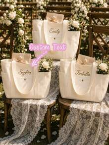 Custom Embroidered Bridesmaid Bag, Personalized Canvas Beach Bag With Letter Ribbon, Bridesmaid Wedding Gift, Bridal Party Favor - Multicolor - View 1