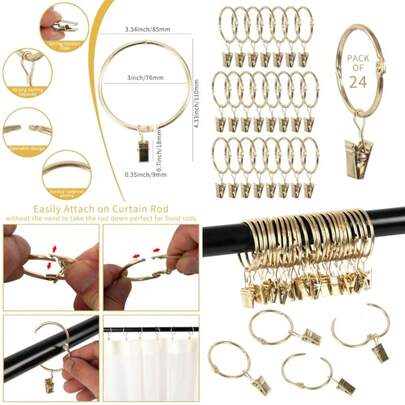 Openable Curtain Rings With Clips, 3inch Inner Diameter, Heavy Duty Rustproof Metal Decorative Vintage Drapery Rings Curtain Clips Rod Hangers Door Curtain And Shower Curtain Rings