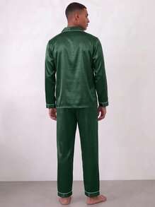Snug League 男士睡衣套裝（兩件套），長袖襯衫和長褲，純色口袋前開襟紐帶休閒家居服 - 彩色 - 查看 7