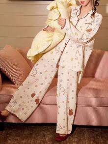 Gongdie 2pcs Miffy Women's Pajama Set, Spring/Autumn Cotton Cream White Textured Loungewear, Red Zigzag Trim With Star Print - Apricot - View 4