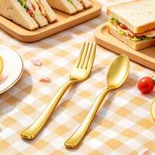 100/50/25pcs Gold Cake/Salad Spoon/Fork Set, Reusable And Washable, Suitable For Parties, Outdoor Activities, Family Gatherings, Weddings, Holidays And Other Occasions, Cake And Salad Utensil Set - Gold - View 3