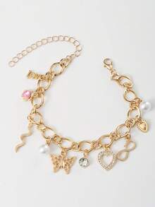 Cute Y2K Gold Chunky Link Charm Bracelet, Butterfly Heart Pearl Pink Flower Multi Charms Wrist Bracelet For Daily Outfit - Yellow Gold - View 7