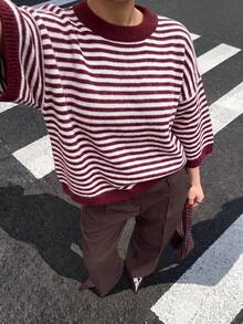 2026 New Autumn/Winter Women's Contrast Striped Loose Oversized 3/4 Sleeve Knit Sweater, Dropped Shoulder Round Neck Soft Fuzzy Striped Pullover Fall - Maroon - View 5