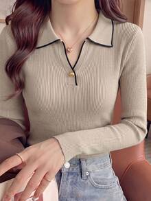 2026 Early Autumn New Polo Collar Knitted Base Layer Top For Women, 3-Button Turn-Down Collar Waist-Flattering Knit Sweater Fall - Khaki - View 8