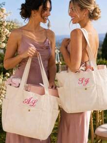 Custom Embroidered Bridesmaid Bag, Personalized Canvas Beach Bag With Letter Ribbon, Bridesmaid Wedding Gift, Bridal Party Favor - Multicolor - View 3