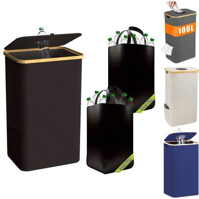 OrdoVault 1 Set Premium Large Capacity Indoor Trash Can, Foldable Recycling Bin, Laundry Basket, Top Odor-Proof Self-Closing Opening, 4 Metal Support Rods, Reusable Nylon Inner Bag, Bamboo Frame, Ideal For Home, Kitchen, Bathroom, Storage And Organization