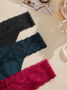 3pcs Women's Solid Color Lace Trim Patchwork Lightweight V-Waist Sexy Thong Panties, Size Runs Small - Multicolor - View 6