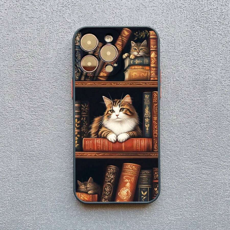 Vintage Bookcase Kitten Painted Phone Case For IPhone 17 16 15 14 Pro Max Plus 13 Mini 12 11 Pro Max XS X XR 16 Plus Back Cover - 黑色 SJM 2 - 查看 1