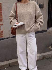 Women's Fashion Ribbed Cuff Long Sleeve Crew Neck Colorblock Sweater - Camel - View 1