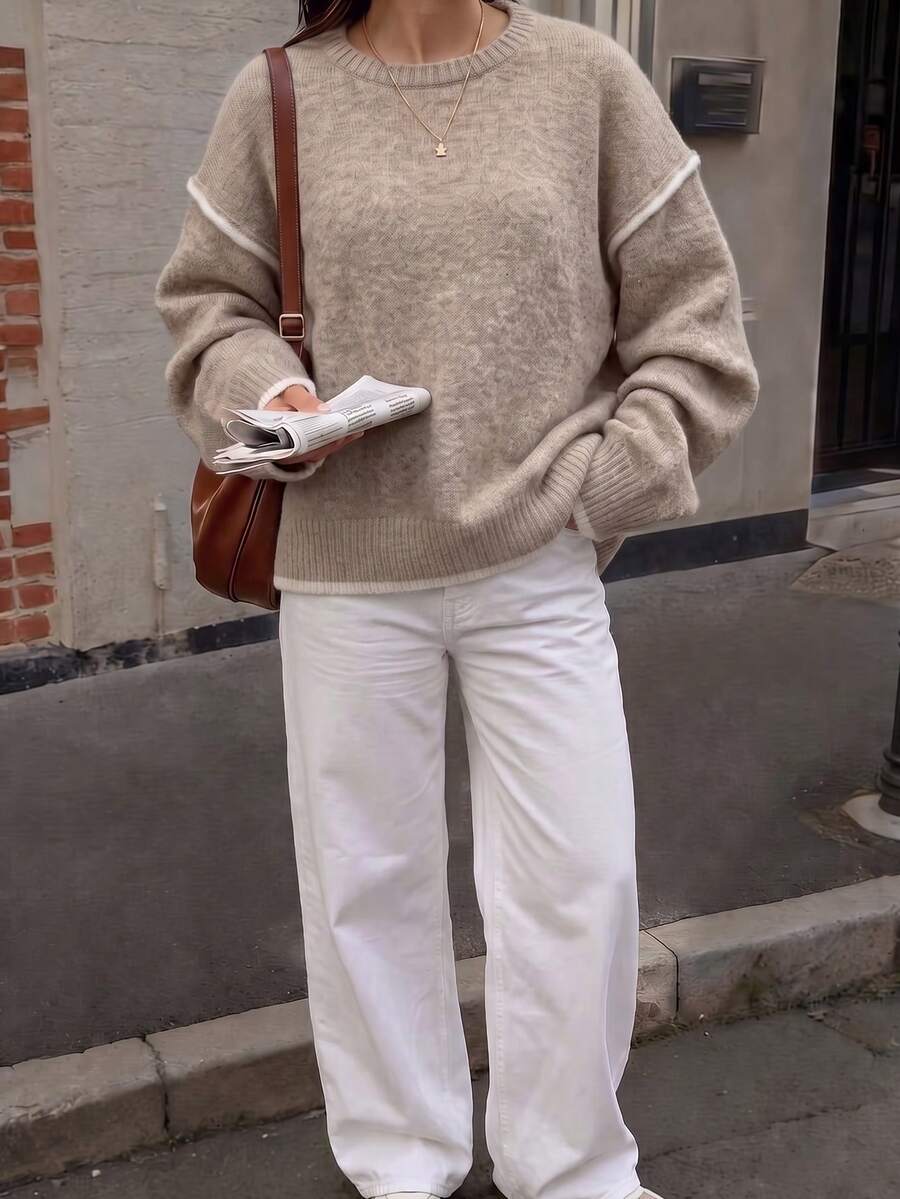 Women's Fashion Ribbed Cuff Long Sleeve Crew Neck Colorblock Sweater - Camel - View 1