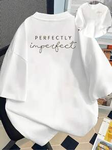 "Perfectly Imperfect" Graphic Crew Neck Tee For Ladies, Short Sleeve Daily Spring Summer Wear - 白色 - 查看 10