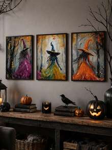Ensemble de 3 pièces d'art mural de sorcières d'Halloween, imprimé de sorcières colorées dans une forêt d'automne, affiche abstraite moderne, décoration d'automne effrayante, art mural sans cadre pour le salon, la chambre, le bureau, le café, décoration de la maison pour Halloween, Thanksgiving, Noël et les fêtes - Style abstrait A - Voir 3