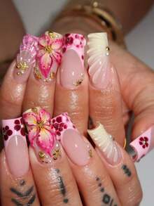 Change Your Nails With It, 24pcs/Set Sweet Cool Style Summer Sweet 3D Flower French Gradient Water Ripple Exquisite Starfish Shell Decor Medium Long Press-On Nails, Perfect For Girls & Women Daily Wear, Summer Beach Essential Fake Nails - 彩色 - 查看 7