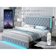 SIBEDS LED Bed Frame With RGB Lights & Storage Drawers, Upholstered Platform Bed With Crystal Tufted Headboard, PU Leather & Velvet Modern Bedroom Furniture, Noise Free Design, No Box Spring Needed, Easy Assembly, Velvet Gray - 絲絨灰 - 查看 8