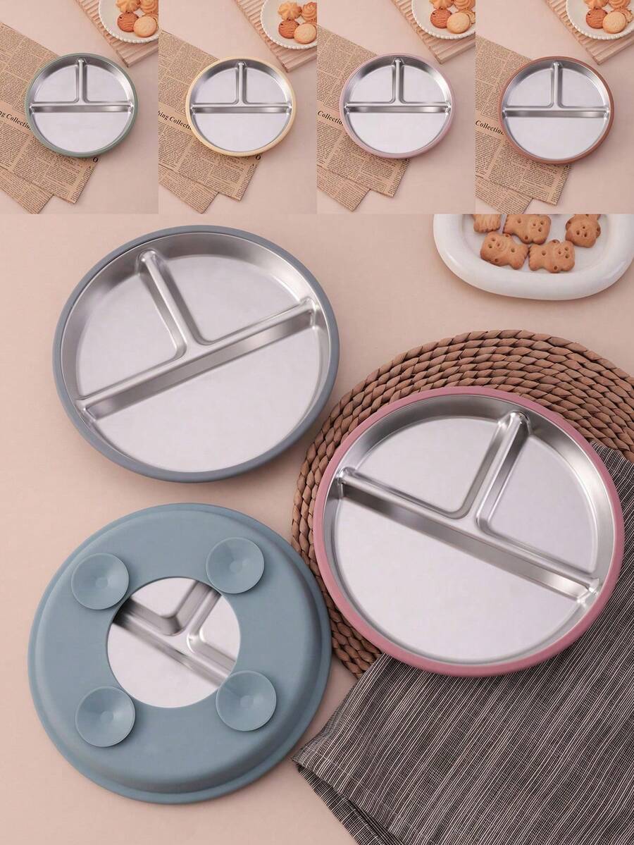 PopLittleOne 1 pièce Assiette à ventouse en silicone et acier inoxydable antidérapante pour l'alimentation autonome du bébé, vaisselle de sevrage pour bébé, articles essentiels quotidiens pour les repas des nourrissons - Multicolore - Voir 1