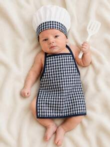 2pcs Newborn Photography Props, Includes Apron And Chef Hat, Kitchen Cooking Theme Photo Props For Baby Boys And Girls, Plaid Pattern Chef Outfit, Milestone Commemoration, Baby Party Gift - Multicolor - View 2