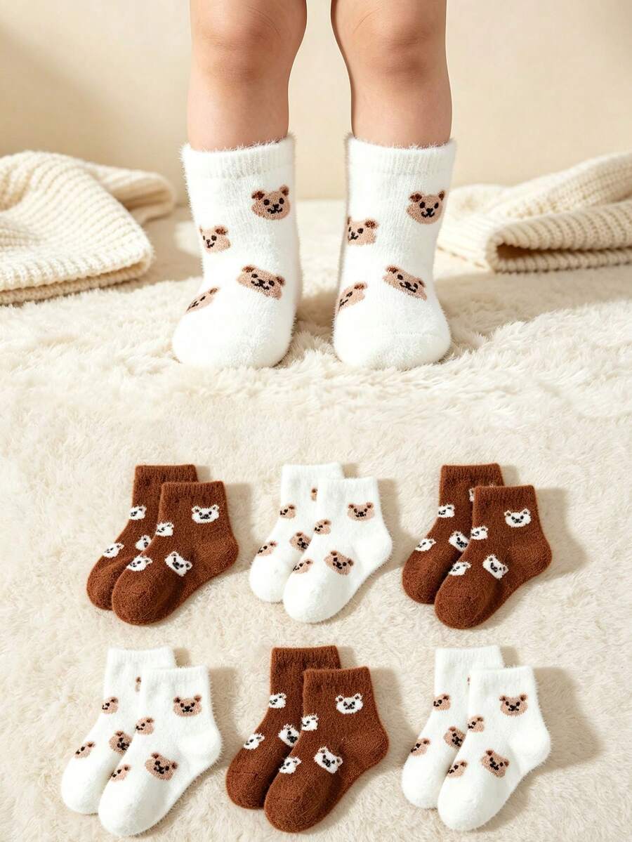 6 Pairs Mid-Calf Socks, Made Of Soft Skin-Friendly Warm Faux Mink Fabric, Decorated With Cute Bear Pattern, Combining Comfort And Versatility - Multicolor - View 1