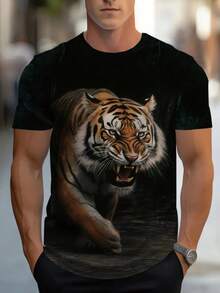 Men's Lightweight Short-Sleeve T-Shirt With 3D Tiger Design, Perfect For Casual Outings, Outdoor Activities And Daily Wear - Black - View 1