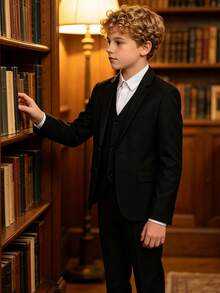 Boys 3-Piece Herringbone Twill Suit Set, Black, Suitable For Wedding, Birthday, School, Stage, Formal Occasions, 6-16 Years Old - Black - View 1