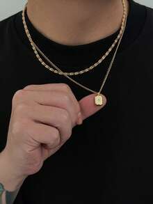 2pcs Minimalist Double Layer Stackable Chain Necklace, Textured Figaro Chain Paired With Thin Cuban Chain, Embellished With Small Star Square Dog Tag Pendant, Casual Men's Neck Accessory - Gold - View 3