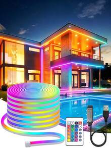 RGB LED 霓虹燈條 附遙控器，USB 供電，多色變色燈光，適合遊戲房與臥室裝飾，可彎曲 5V 霓虹燈 - ACOSH NEON，臥室霓虹燈 - LED燈帶 - 查看 1