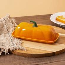 1pc Pumpkin Shaped Ceramic Butter Dish With Lid, Autumn Harvest Thanksgiving Decorative Butter Container, Covered Butter Tray For Kitchen Counter Dining Table Home Party, Thanksgiving Harvest Gift For Kitchen Lovers - View 9