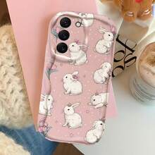 Creative White Rabbit & Flower Pattern Creamy Wavy Asymmetric Edge Protective Phone Case Compatible With Samsung A14/A15/A16/A17/A04/A05/A06/A07/A54/A55/A56/A57/A34/A35/A36/A37/S26/S26Plus/S26Ultra/Transsion SMART7/8/9/10/Honor 400/400Pro/200/200Pro/X7C/X8C/X9C/ 10C/13C - White - View 6