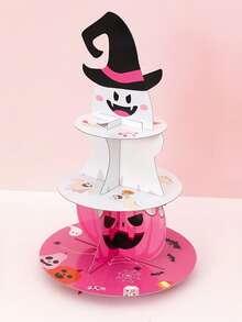 3 Tier Pink Ghost Halloween Paper Cake Stand, Cupcake Holder For Birthday Party Table Decorations - Halloween Edition - View 5
