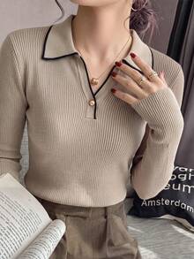 2026 Early Autumn New Polo Collar Knitted Base Layer Top For Women, 3-Button Turn-Down Collar Waist-Flattering Knit Sweater Fall - Khaki - View 6