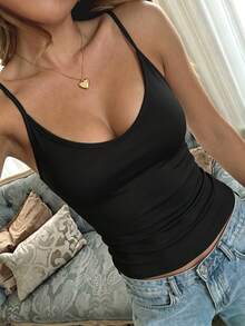 Solid Color Ribbed Backless Halter Tank Top, Suitable For Vacation And Beach Casual Black - Black - View 1