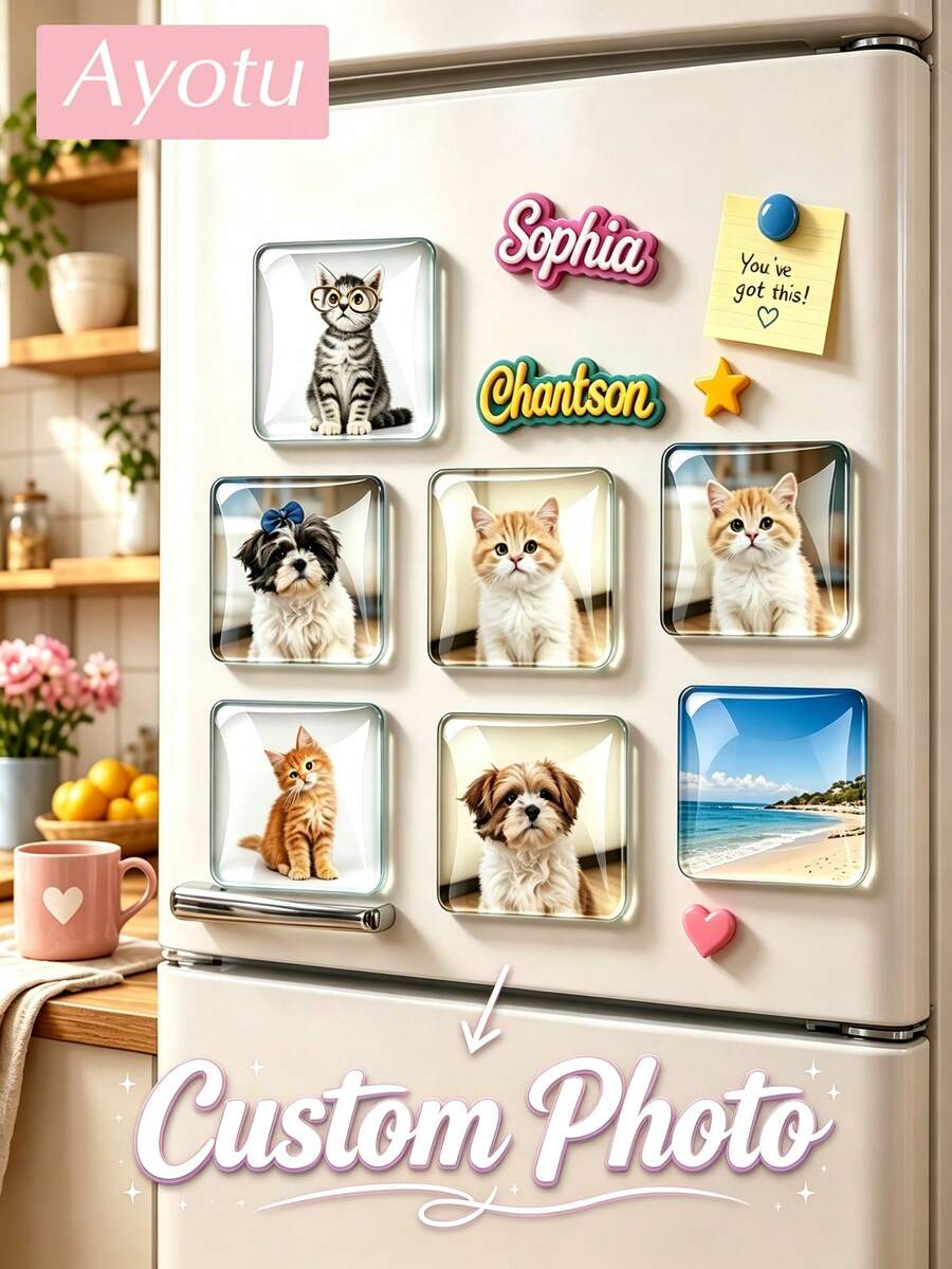 Ayotu 1/5/10件客製化照片方形玻璃冰箱磁鐵-寵物貓、狗與人像客製化,5cm (1.97英吋)可愛廚房冰箱磁鐵,裝飾冰箱與廚房的理想選擇,個性化居家裝飾,適合作為寵物紀念、家庭回憶紀念品、廚房裝飾或送給寵物主人的貼心禮物(節日、生日、情人節等) - 彩色 - 查看 1