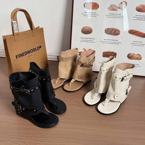 Women's New Punk Style Open Toe Mid-Calf Sandals With Rivets And Buckle, Unique Design With Built-In Height Increase